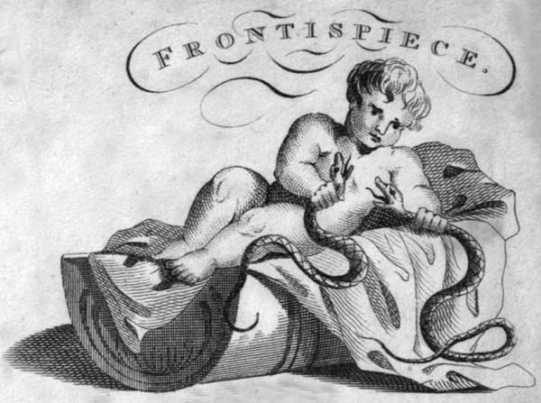 ,Hercules in his Cradle Strangles two Serpents.